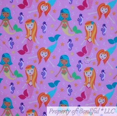 BonEful Fabric FQ Cotton Quilt Flannel Pink Mermaid Princess Sea Horse Star Fish