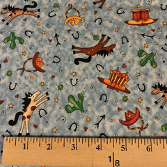 Giddyup Fabric By Kari Pearson For Quilting Treasures Horses Hats Boots Blue BTY