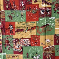 Vintage 1940s Adventure Sports & Western Print Cheater Quilt Fabric – 2 Remnants