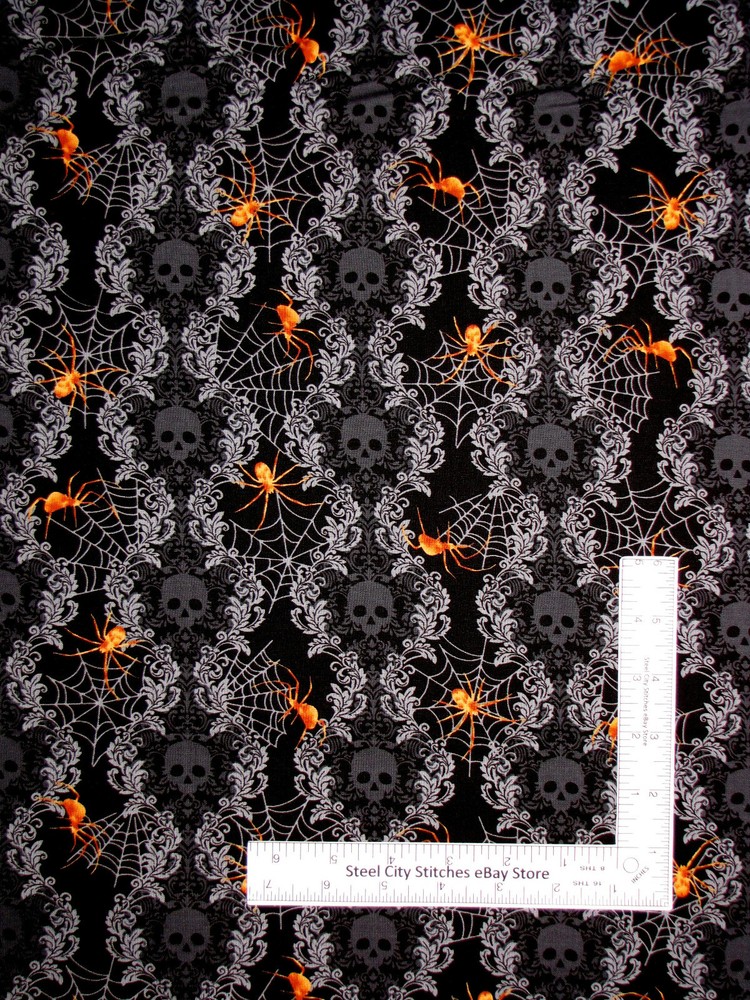 Halloween Fabric By Yard Spooky Night Skull Spider Web Black Cotton Studio E