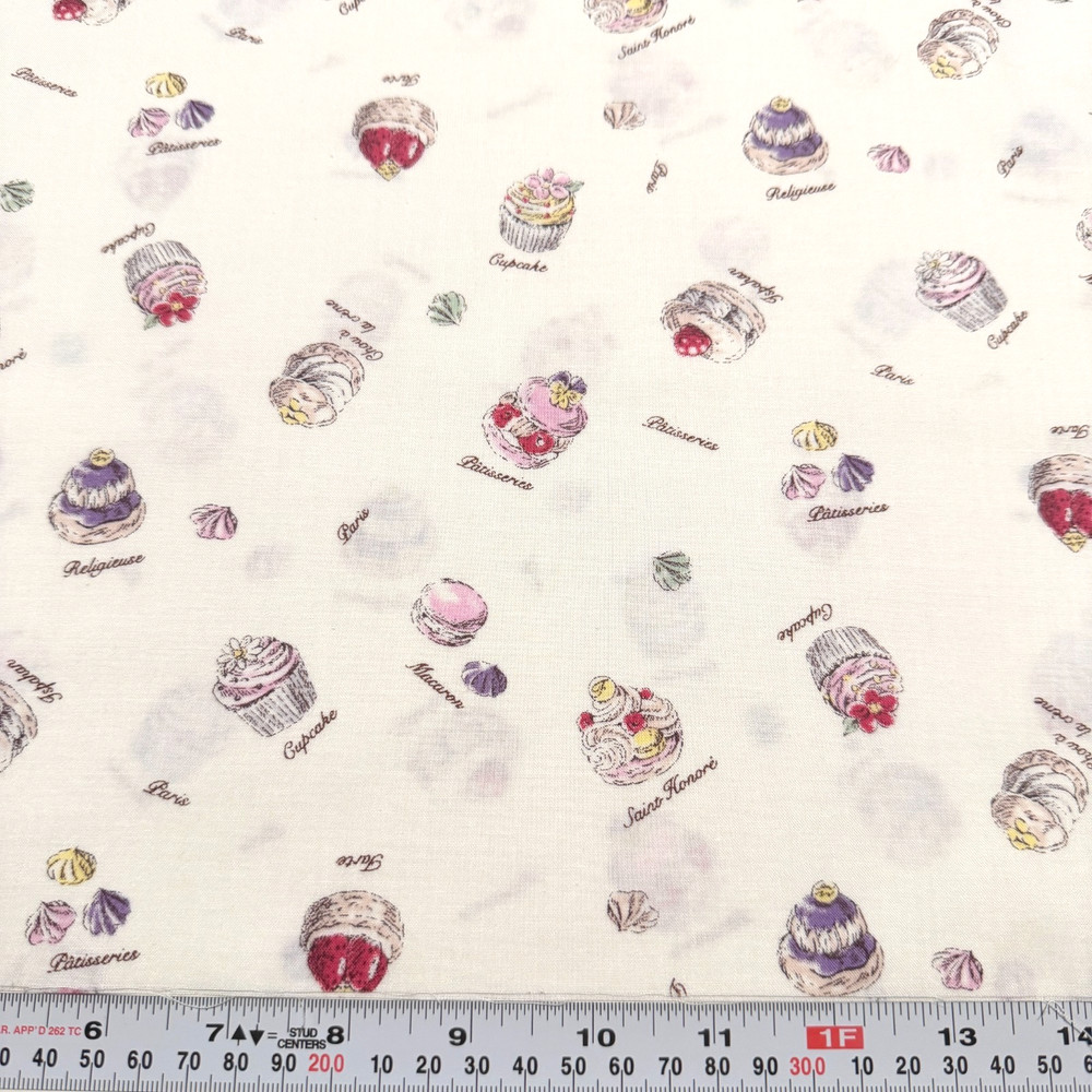 Yuwa Parisian Pastry Desserts Macaron Cotton Fabric HALF YARD Remnant 18″ x 43″