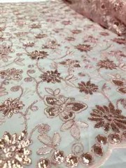“Blush Pink Lace with Butterfly Embroidery and Sparkle – Quinceañera Fabric