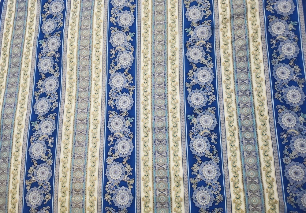 4.4 Yards Blue Gold Floral Stripe Hi-Fashion Fabrics Quilt Cotton Fabric 44″ W