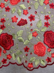 Iris RED Floral and Leaves Embroidery on NUDE Mesh Lace Fabric by the Yard – 10