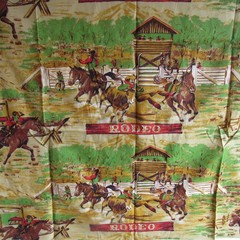vtg Western Rodeo Fabric Cowboys Horses Ranch Fort Fence 36″ x 44″