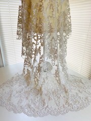 Helena-B IVORY Embroidered Damask Pattern with Faux Pearls and Beads on Mesh La