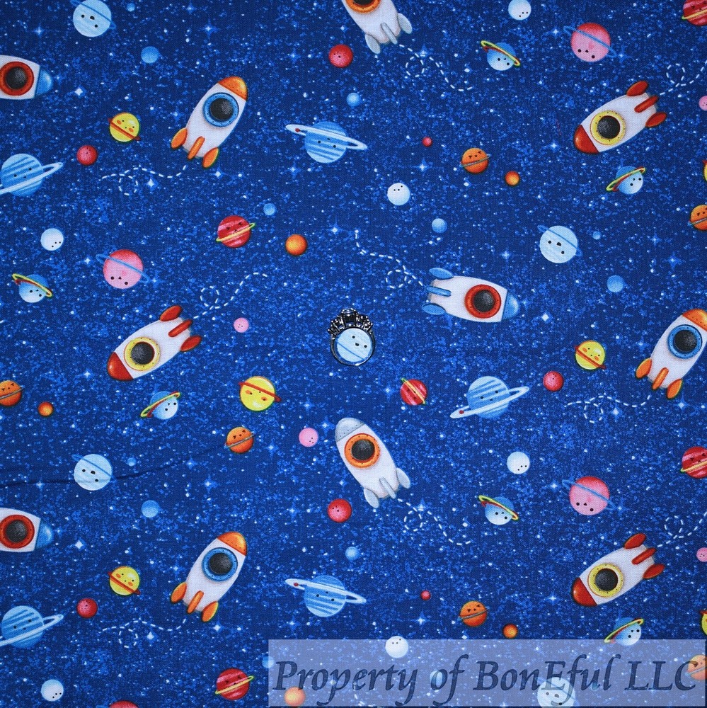 BonEful Fabric FQ Cotton Quilt Blue Sky Star Planet Space Ship Shuttle Galaxy UK