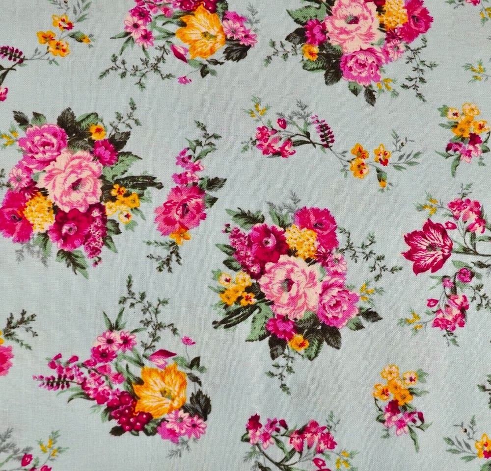 45″ x 108″ – 3 Yards Blue w/Multicolor Flowers Cotton Sewing Fabric
