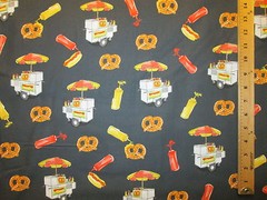 Hot Dogs Pretzels Cart Mustard Hot Dog Snacks Food Black Cotton Fabric FQ