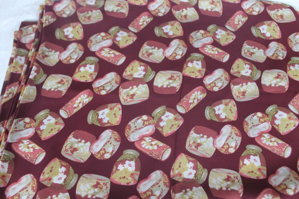 EMDAY FABRIC PRINT 1993 Burgundy Red Floral Rayon Polyester Panel Mason Jar AOP