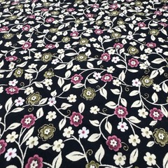 Pink White Green Floral Vines Black Rayon Fabric BTHY #61