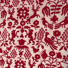Red & Cream Cotton Fabric Folk Animal Pattern 1/2 yard x 44″