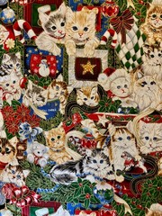 HUGE Vtg Jenny Newland 44x108inch LARGE Christmas Cats Kittens Applejack Fabric