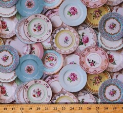 Cotton Tea Plates Tea Party Dishes Platters Fabric Print by the Yard D778.82