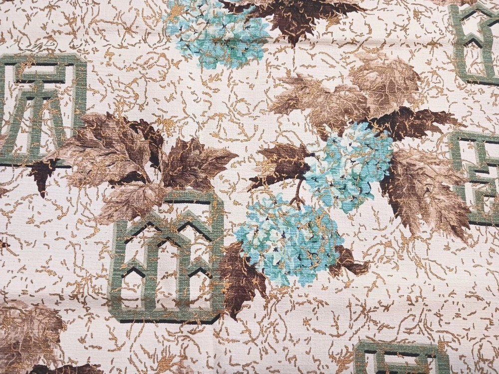 Vtg Mid Century Hydrangea Floral Barkcloth Fabric Blue Gold Brown Remnants 47×31