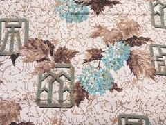 Vtg Mid Century Hydrangea Floral Barkcloth Fabric Blue Gold Brown Remnants 47×31