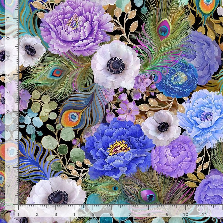 Flourish Fabric | Peacock Feather & Florals Purple | Timeless Treasures YARD