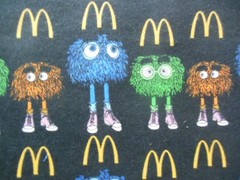 3 flannel fabric pieces, Ronald McDonald & other characters, 14″ x 18″; 14″x 27