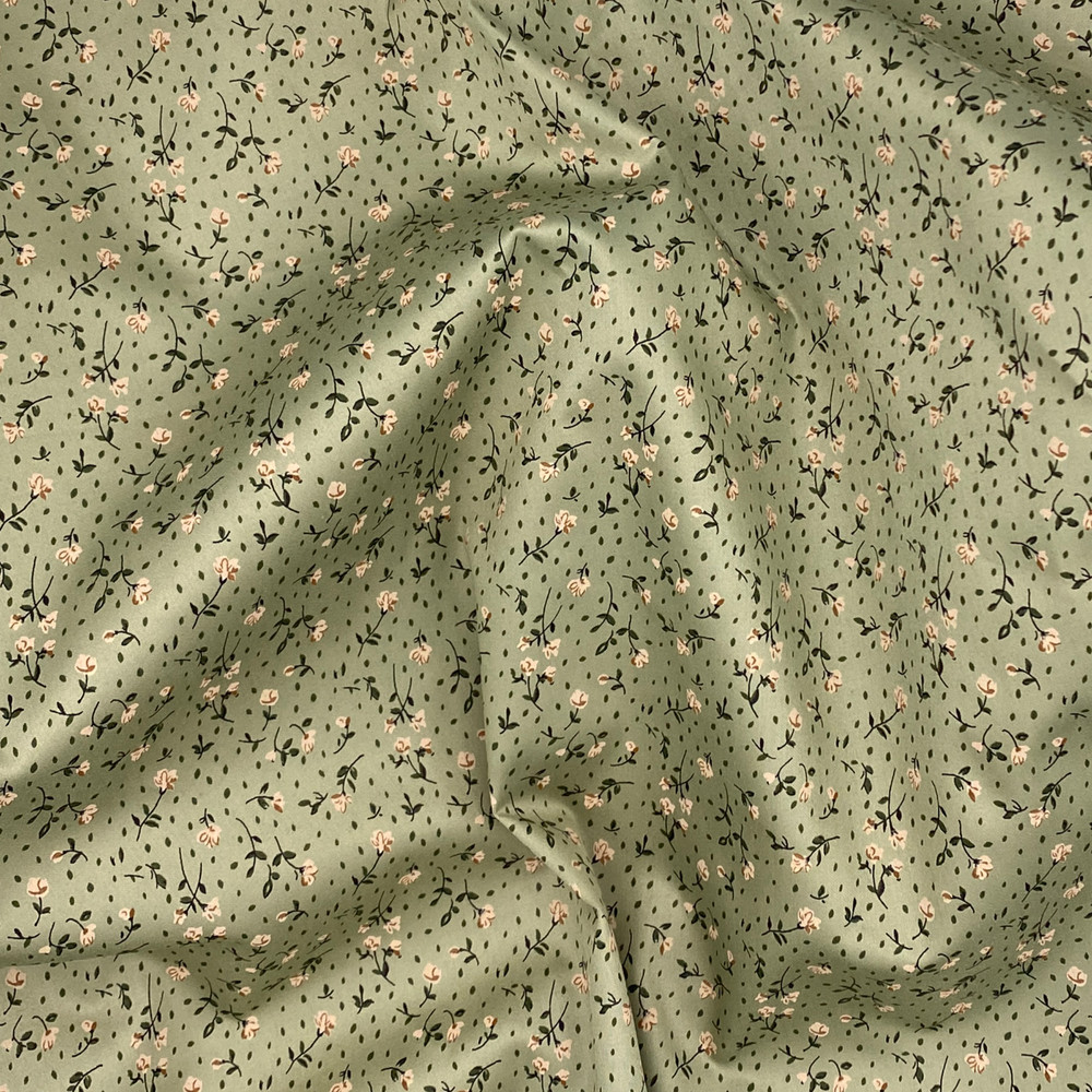 Nostalgic Cotton Shirting, Vintage-Inspired Floral Fabric in Sage Green & Yellow