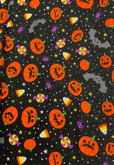JOANN – CANDY & PUMPKIN ON BLACK METALLIC – 1 5/8 YARD