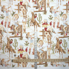 Alexander Henry Back In The Saddle 2008 Pinup Cowgirls White Fabric 2.6YD WASHED