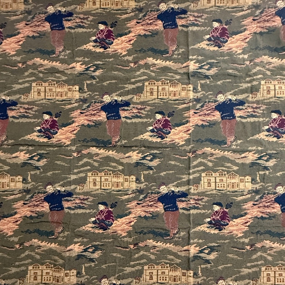 Vintage Golf Scene Tapestry Fabric 1 Yard Heavy Upholstery Material Green 54×36