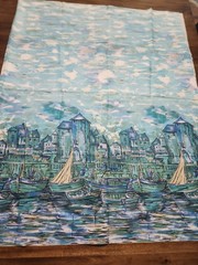 VINTAGE 70×44 RARE Find Watercolor Fabric Chinese River Sky Buildings 1950s