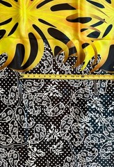 African Print, Satin Fabric- Black, Yellow “Swirl of Ibukun”, Yard or Wholesale