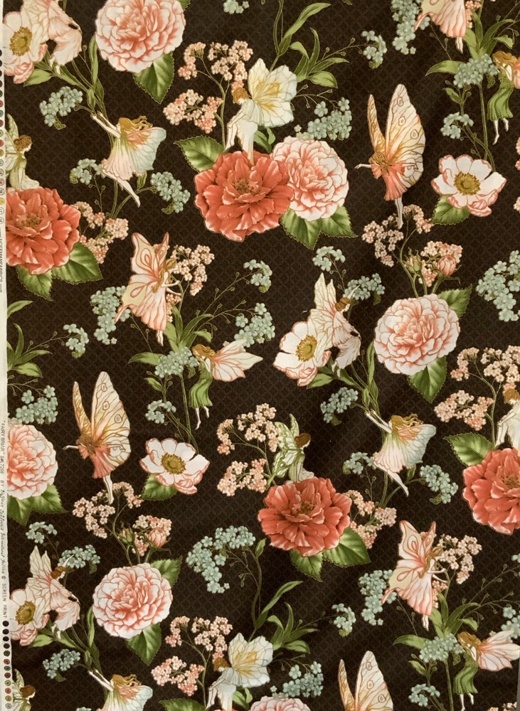 Hoffman,Fairy Briar,Fairies play among flowers , chocolate background ,gold BTY