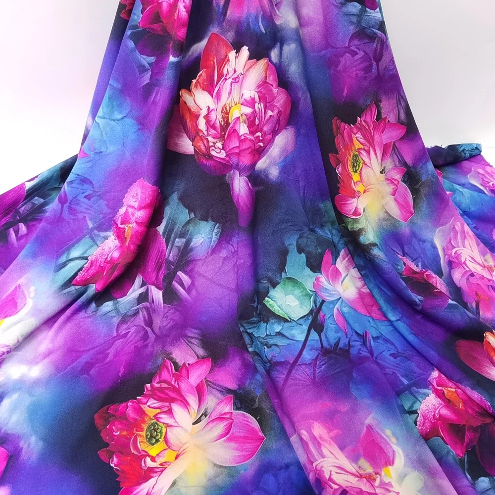 55” Wide Digitally Print Lotus Floral Viscose Fabric Dress Material Rayon