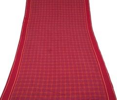 Sushila Vintage Maroon Scrap Saree Pure Cotton Hand Woven Checks Sari Fabric