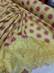 Yellow African Lace Fuchsia Flower Floral Fabric By Yard Embroidery Rhinestones