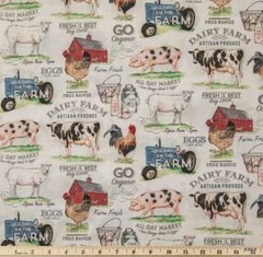 Dairy Farm Animal Fabric Cow Rooster Pig Farmer Tractor Barnyard Cotton Material