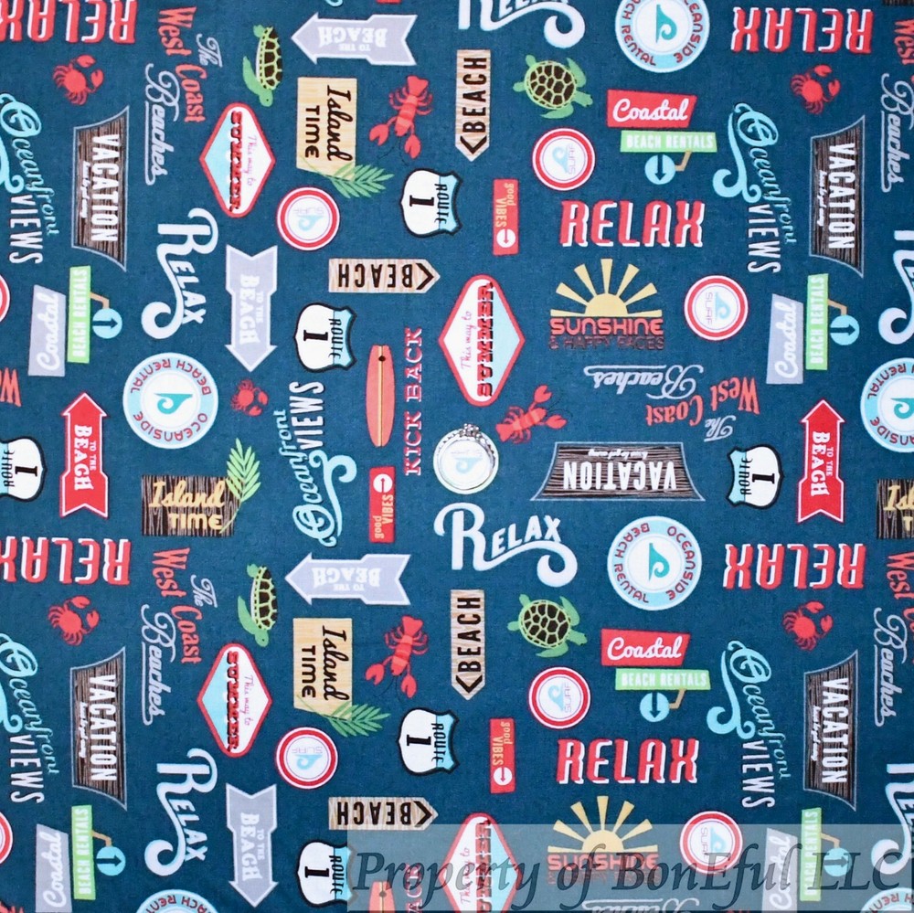 BonEful Fabric FQ Cotton Quilt Blue Sky Sea Ocean Vacation Hotel Relax Sign SALE