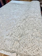 Helena-B IVORY Embroidered Damask Pattern with Faux Pearls and Beads on Mesh La