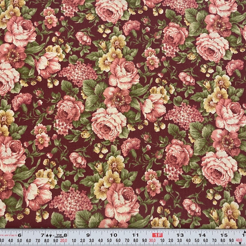 Vintage Marcus Brothers Textiles Florals Burgundy Cotton Remnant 12″ x 45″