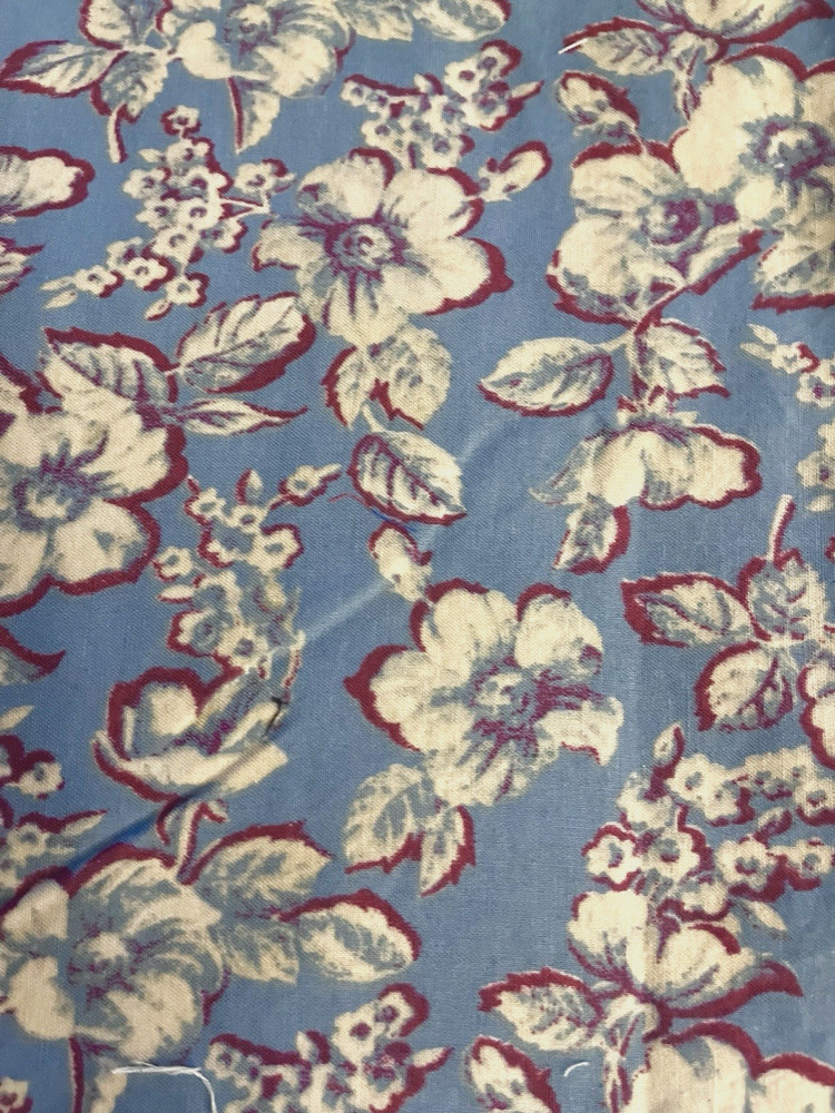 Mid Century Repro Large Ivory & Burgundy Floral Print on Blue JoAnn BTHY
