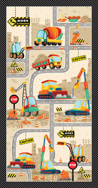 Construction Truck Fabric 23″ X44″ Panel Another Brick Cotton Blank Quilting