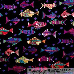 BonEful Fabric FQ Cotton Quilt Black Gold FISH Pink Blue Red White Flower Garden