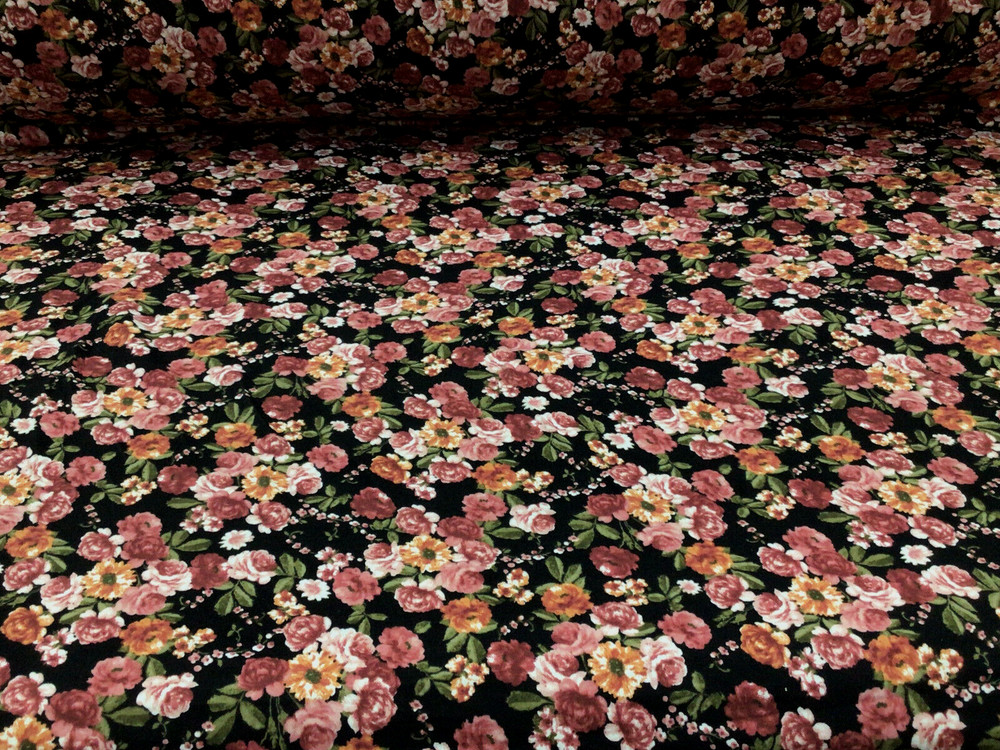 Double Brushed DTY Floral Spandex Stretch Apparel Fabric Black Mauve Orange M213