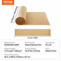 VEVOR Burlap Fabric Roll Burlap Tree Wrap 40 in x 300 ft for Crafts & Plants