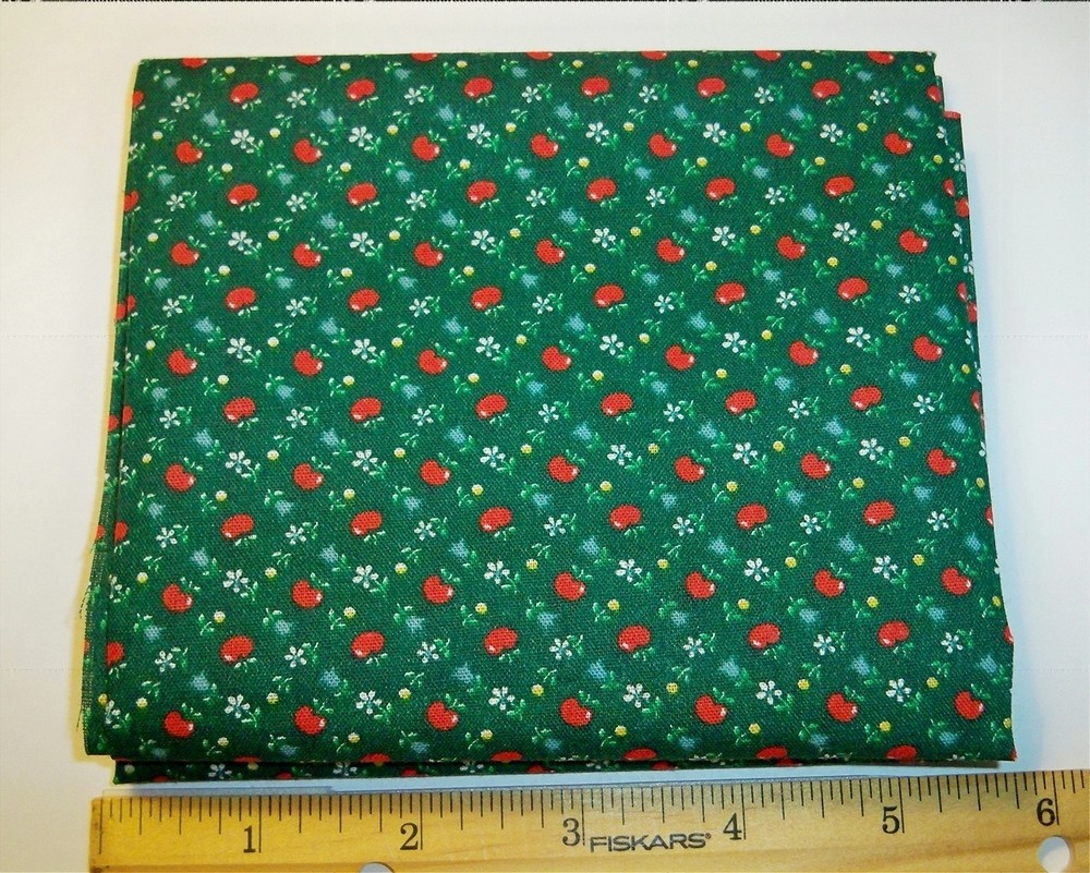 Cranston Vintage Little Red Apples and White Flowers on Green Cotton Fat Quarter