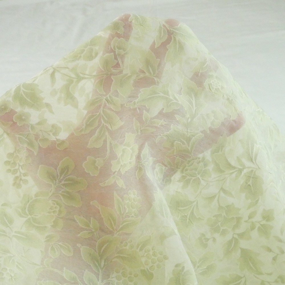 6Y+ x 55″ Vintage Sheer Voile Fabric Drapery Floral Rose Ethereal Sage Green