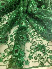 ´´Emerald Green Lace Fabric with Butterflies, Sequins, and Mesh for Dresses and