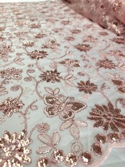 Blush Pink Embroidered Lace Butterflies Sequins Fabric By Yard Quinceañera