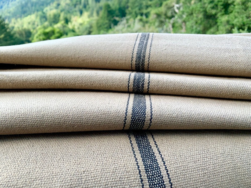 Grain Sack Fabric by the Yard, Ticking Fabric, Black Stripes on Brown Beige