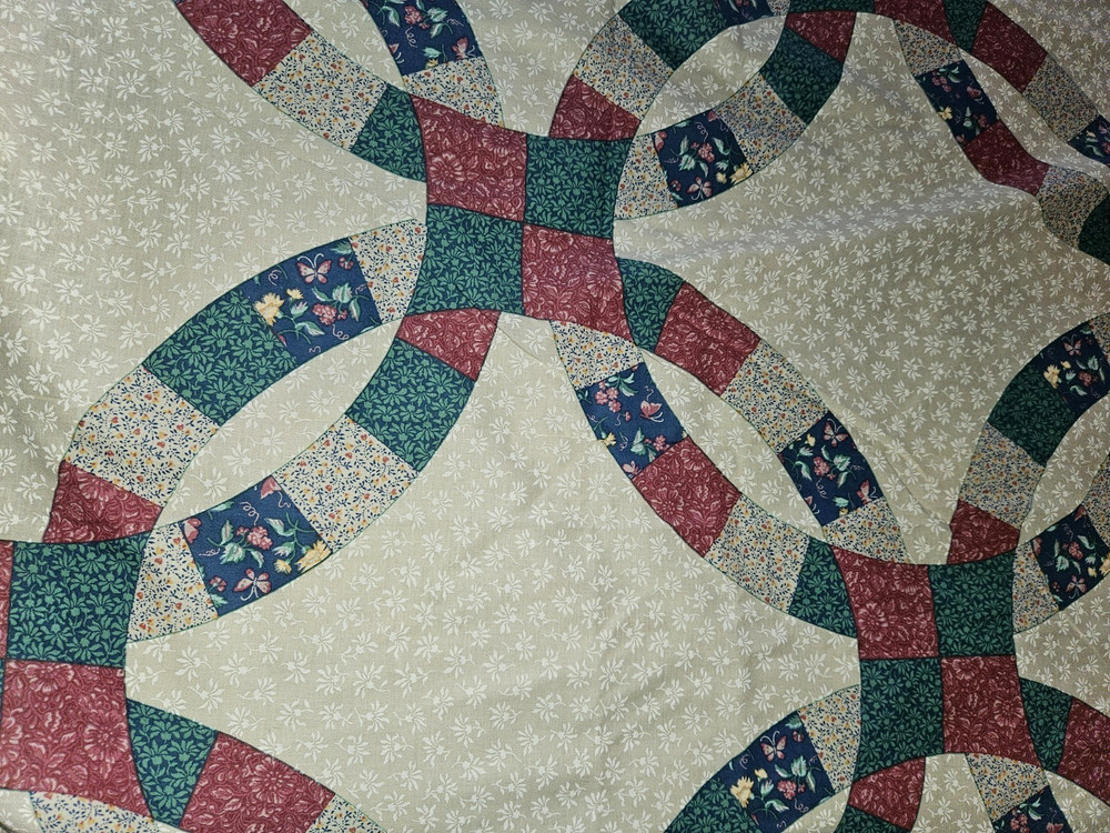 Cotton Fabric Cheater Quilt Wedding Rings ~112″x90″~ 3 1/3 yards Vintage