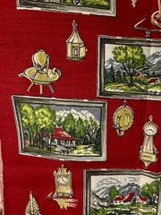 VTG `40-50`s BARKCLOTH Landscape Paintings and Colonial Decor on Red 34″x25½”