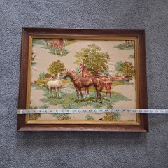 Vintage Trapunto 3-D Puff Fabric Horse Scene In Wooden Frame Ready To Hang