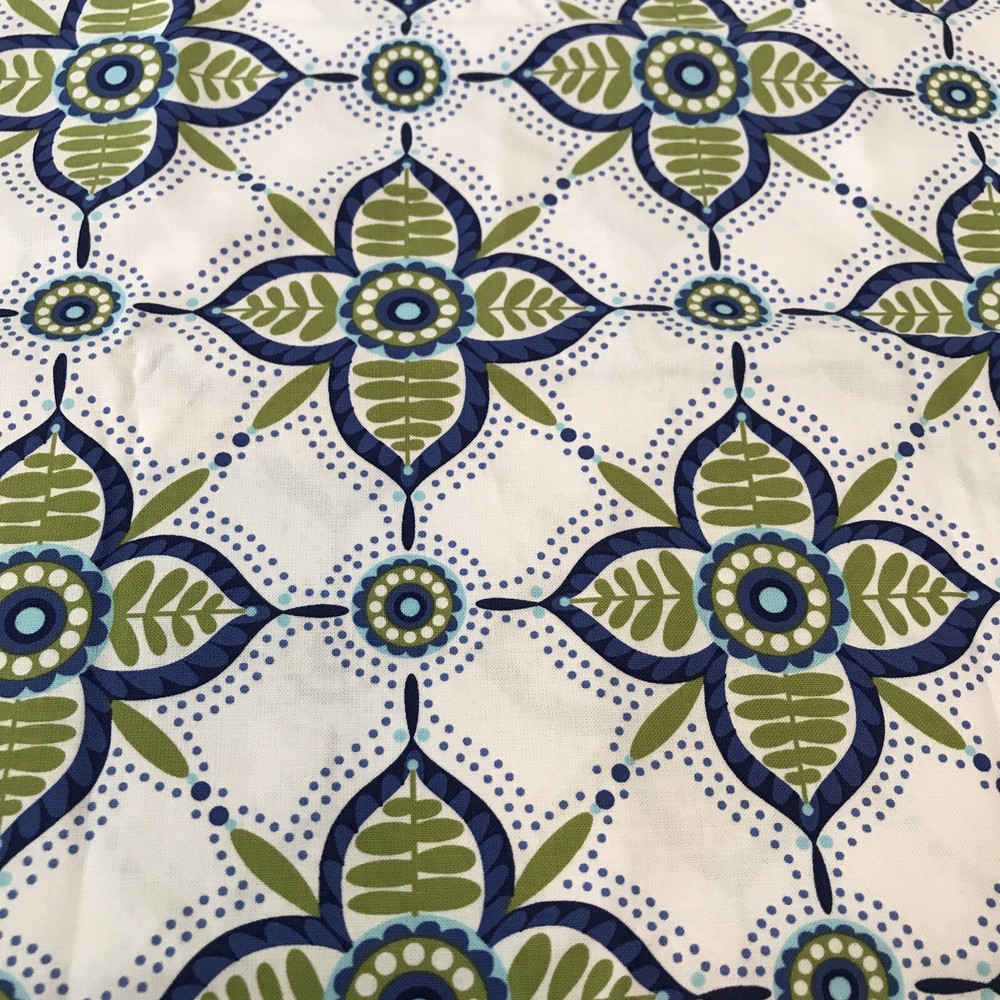 42″ X 36″ Stylized Floral Cotton Fabric Mid Century Modern Vibe Avocado Blue